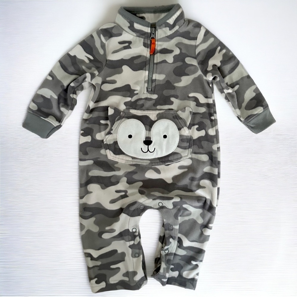 Carter’s Camouflage Fleece 1/4 Zip Jumpsuit One Piece Animal Pocket 3D Ears